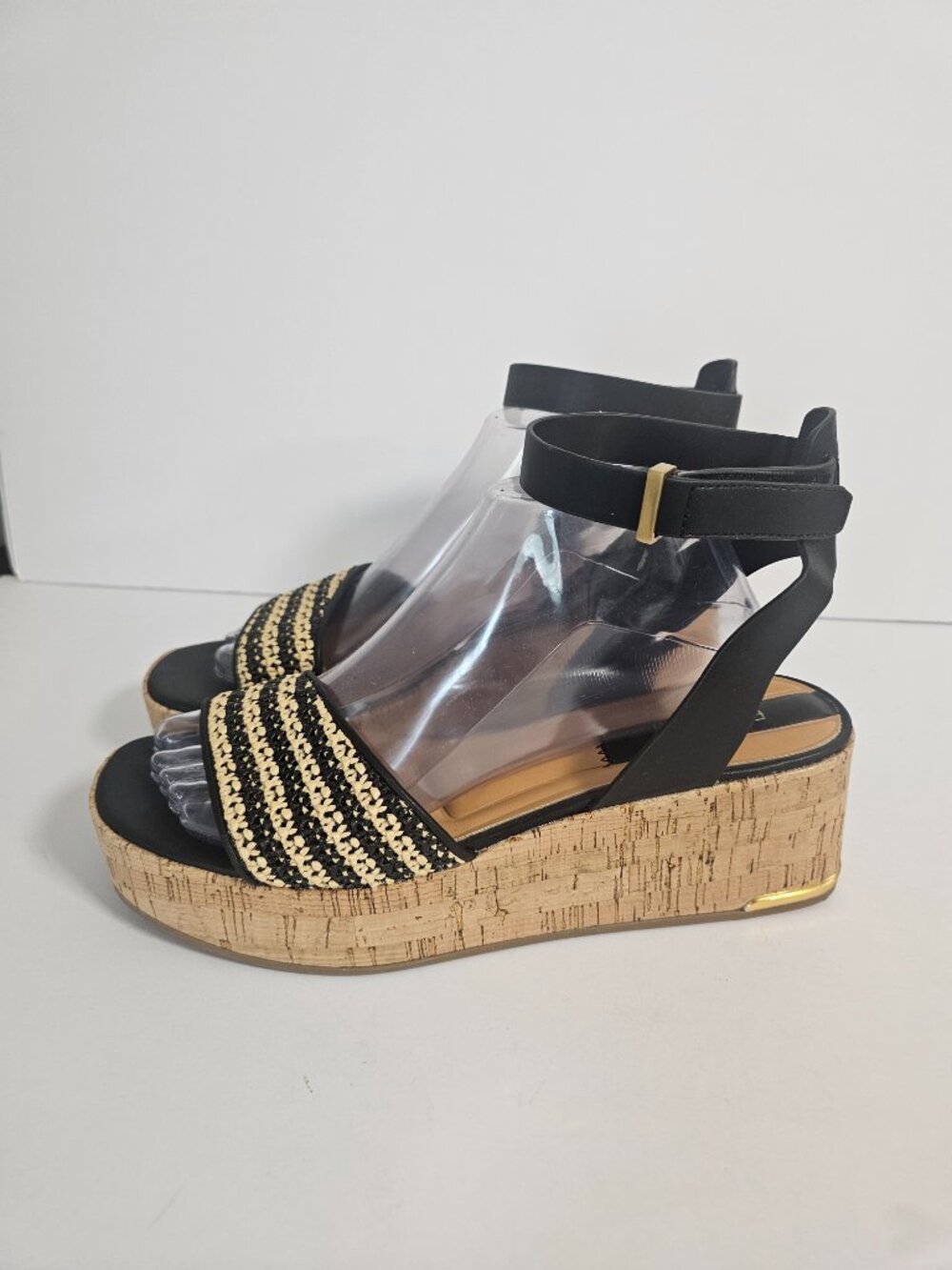 Franco Sarto Sandals Platform Cork Woven Beach Black Tan 9 - Picture 2 of 12